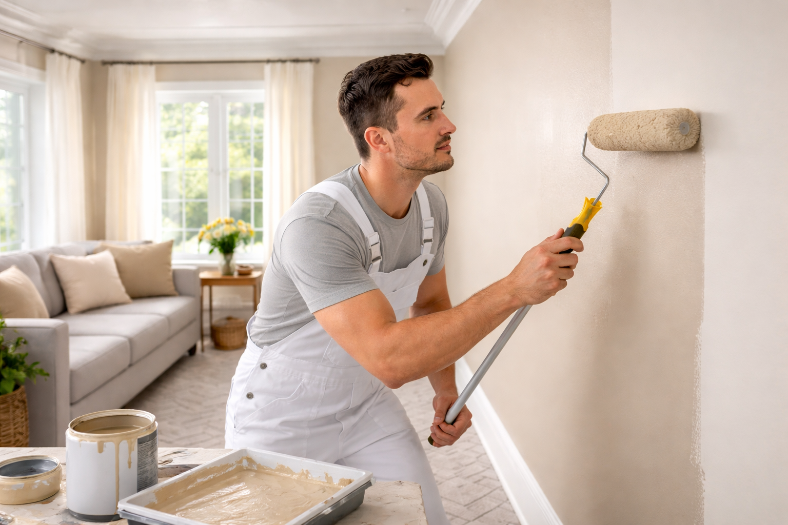 Man paints interior wall with roller. Beige walls, gray shirt, white overalls. Bright living room setting.