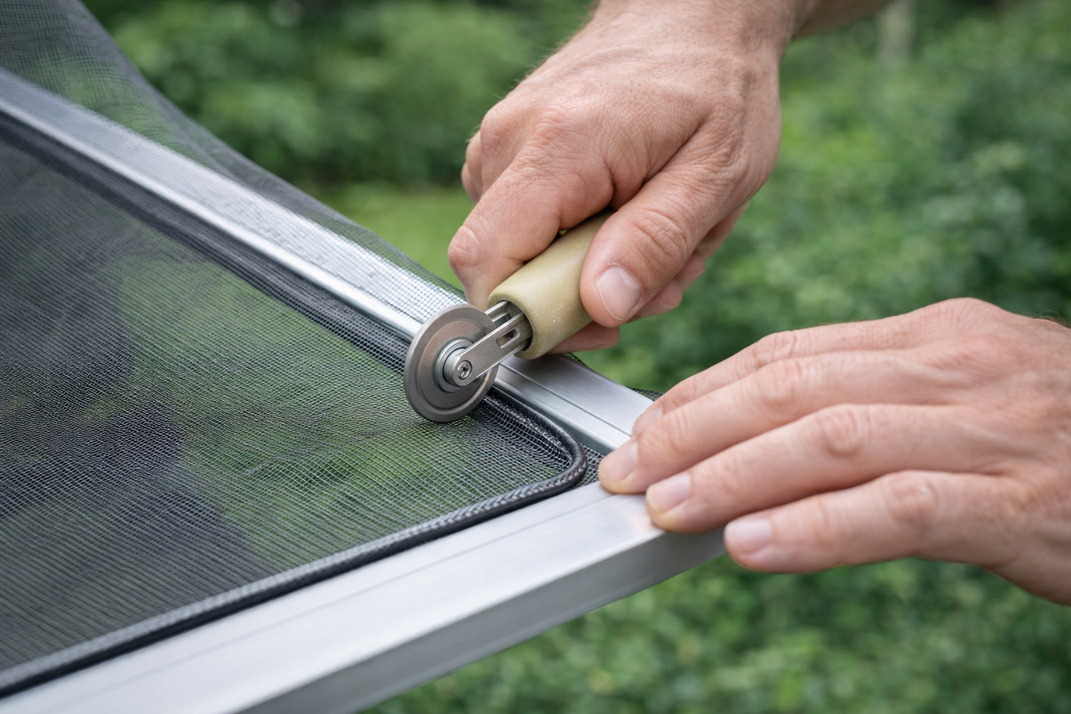 Hands using a roller tool to install screen mesh in a window frame.