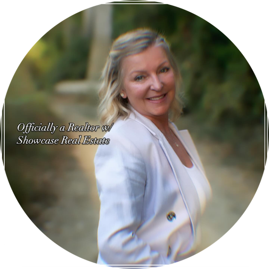 A woman in a white jacket stands in a circle with the words officially a realtor at showcase real estate
