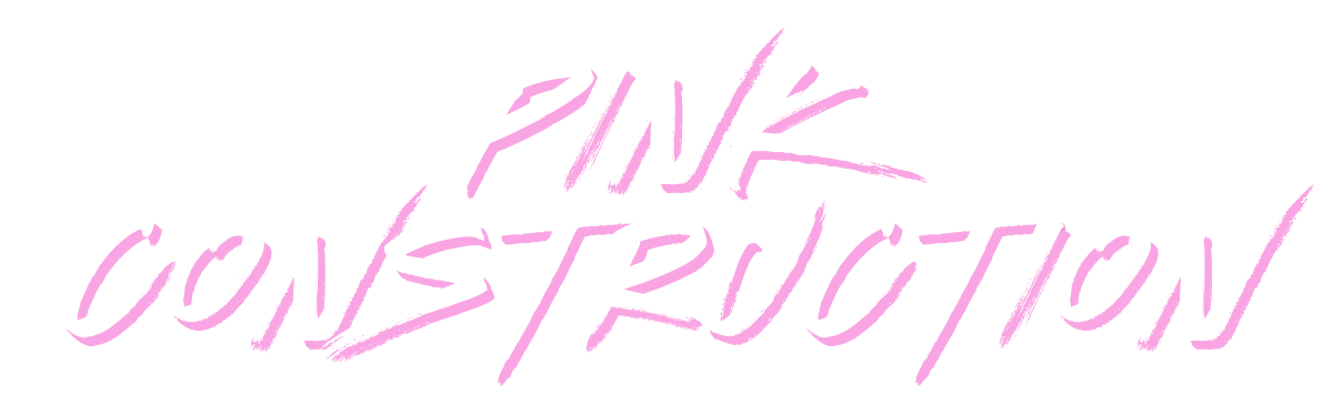 A pink construction logo with a woman holding a hammer.