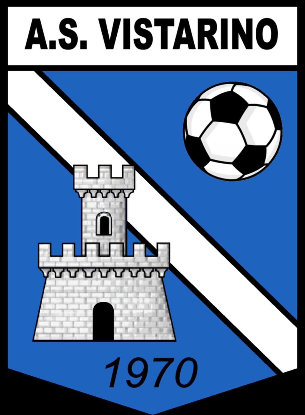 Stemma della squadra di calcio AS Vistarino con un castello, un pallone da calcio, sfondo blu e la scritta 