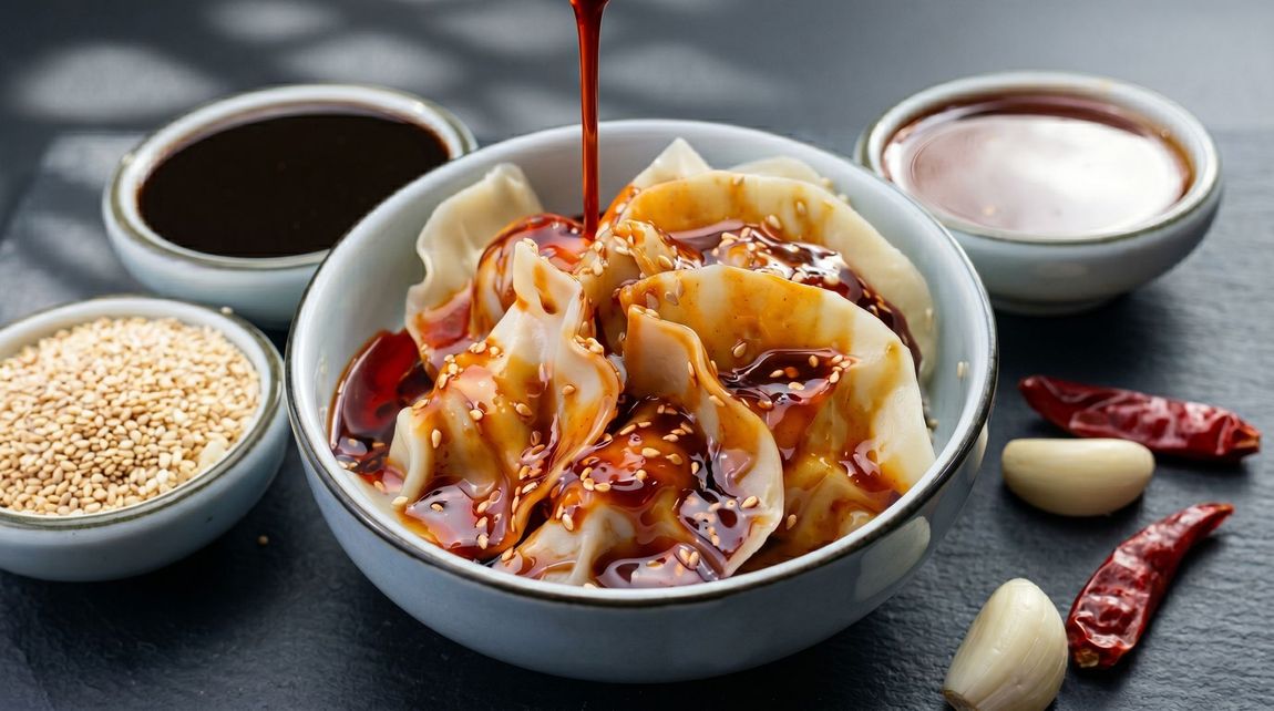 Bowl of noodle soup being poured with sauce, surrounded by dipping bowls, sesame seeds, garlic, and chilies