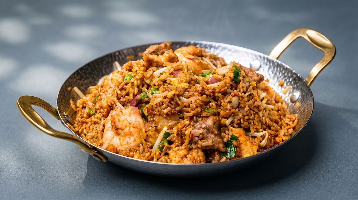Spicy rice dish in a black pan with gold handles, topped with herbs and a chicken piece