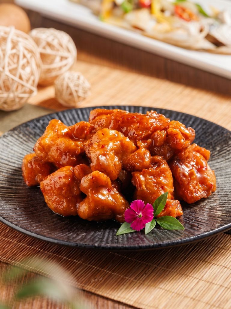 Glazed orange chicken pieces on a black plate, garnished with a pink flower on a wooden table.
