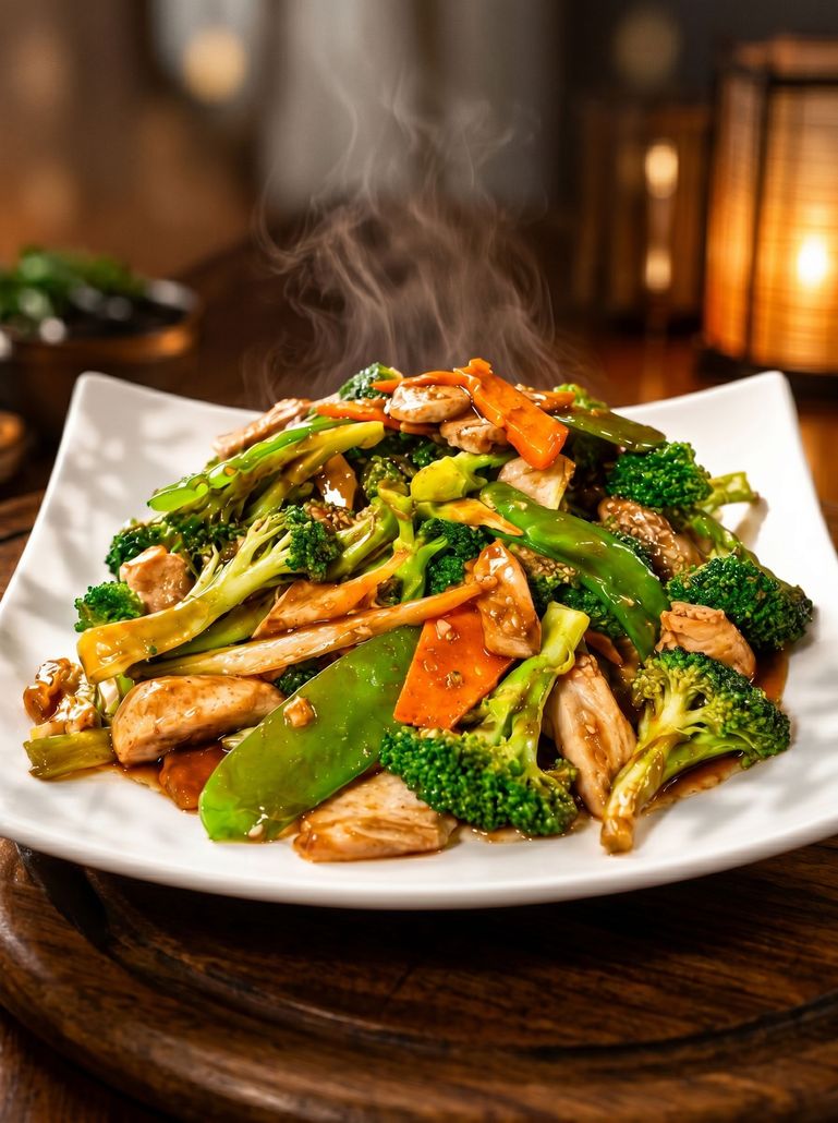 Stir-fried broccoli, snow peas, and chicken on a white plate in a warm, softly lit restaurant setting