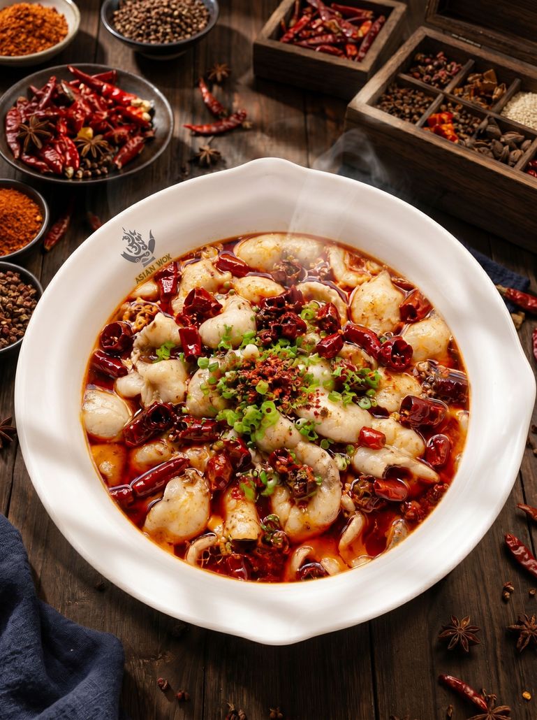 White bowl of spicy stew topped with melted cheese and herbs, surrounded by bowls of dried chilies and spices.