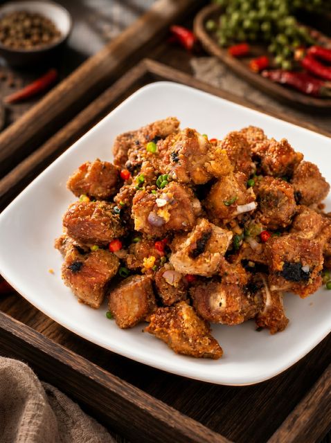 Crispy stir-fried chicken bites on a white plate, garnished with herbs and chili peppers
