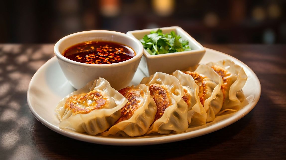 Plate of pan-fried dumplings with dipping sauce and chopped greens on a dark table