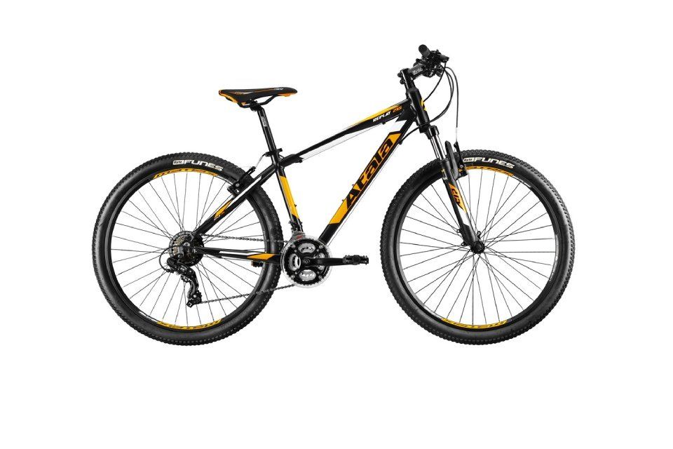 mountain bike di colore nero con dettagli giallo