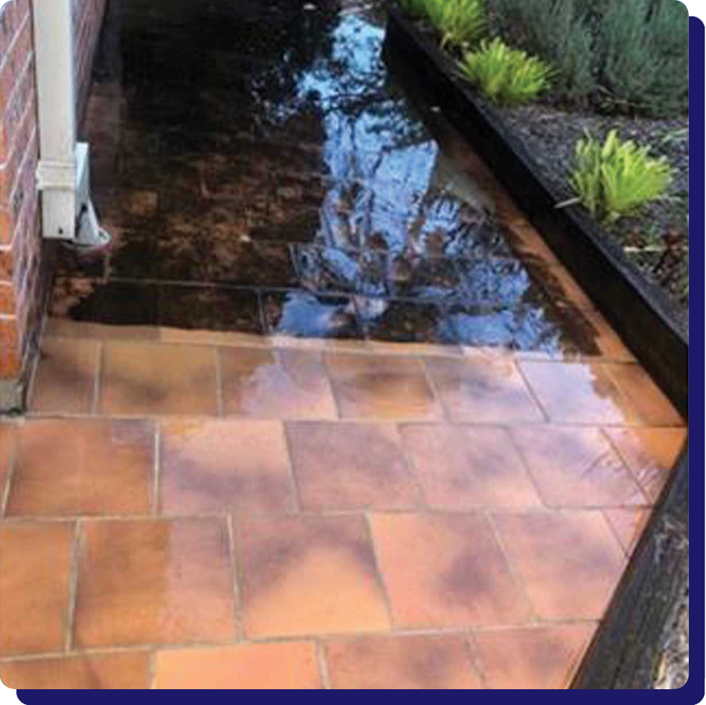 A tiled walkway next to a brick building with a pond in the background.