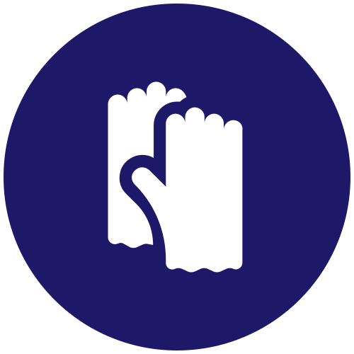 A blue circle with a white icon of a pair of gloves.