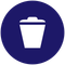 A blue circle with a white trash can inside of it.