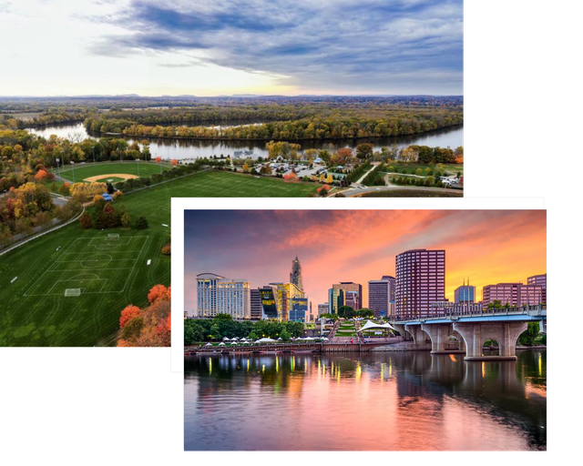 A split-screen view: an aerial shot of a green park near a river, and a cityscape reflected in a river at sunset.