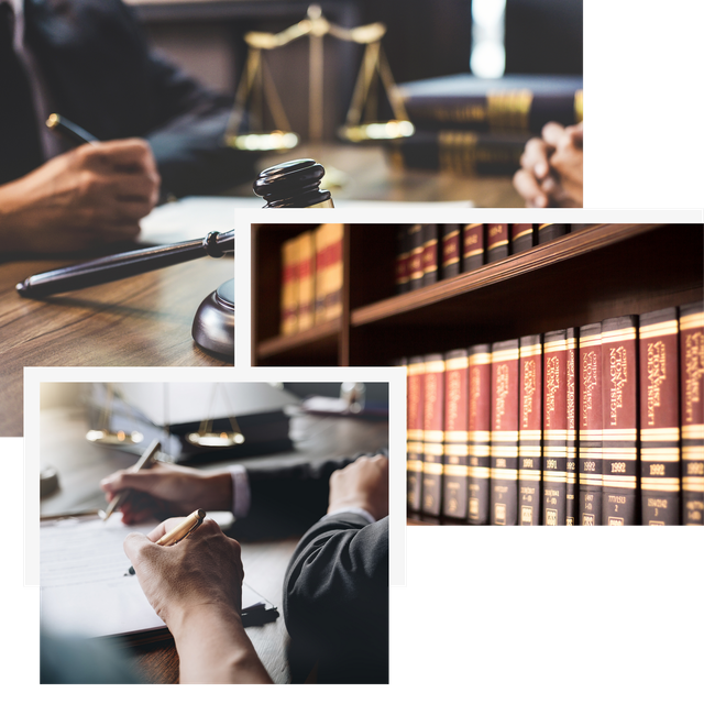 A collage featuring a judge's gavel, legal scales, and hands signing documents in a law office with bookshelves.