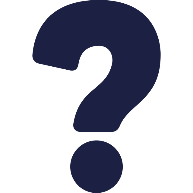 A dark navy blue question mark symbol centered on a plain white background.