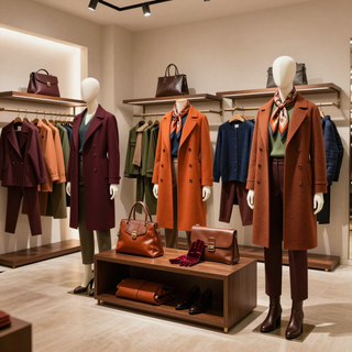Maniquíes que exhiben abrigos y accesorios de otoño en una boutique de ropa.