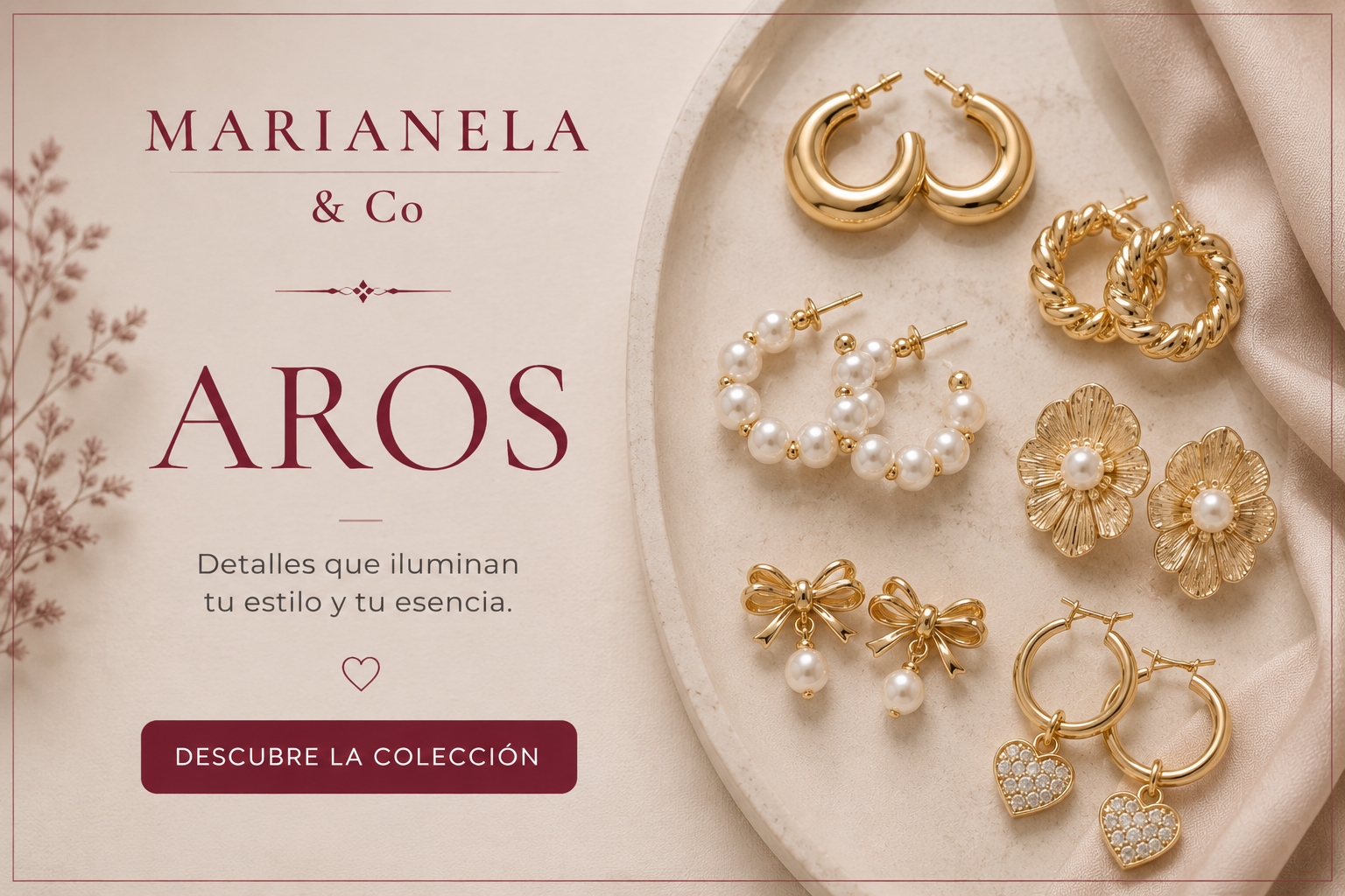 Anuncio de joyería con pendientes de oro y perlas sobre fondo beige, con la inscripción “Marianela & Co AROS”.