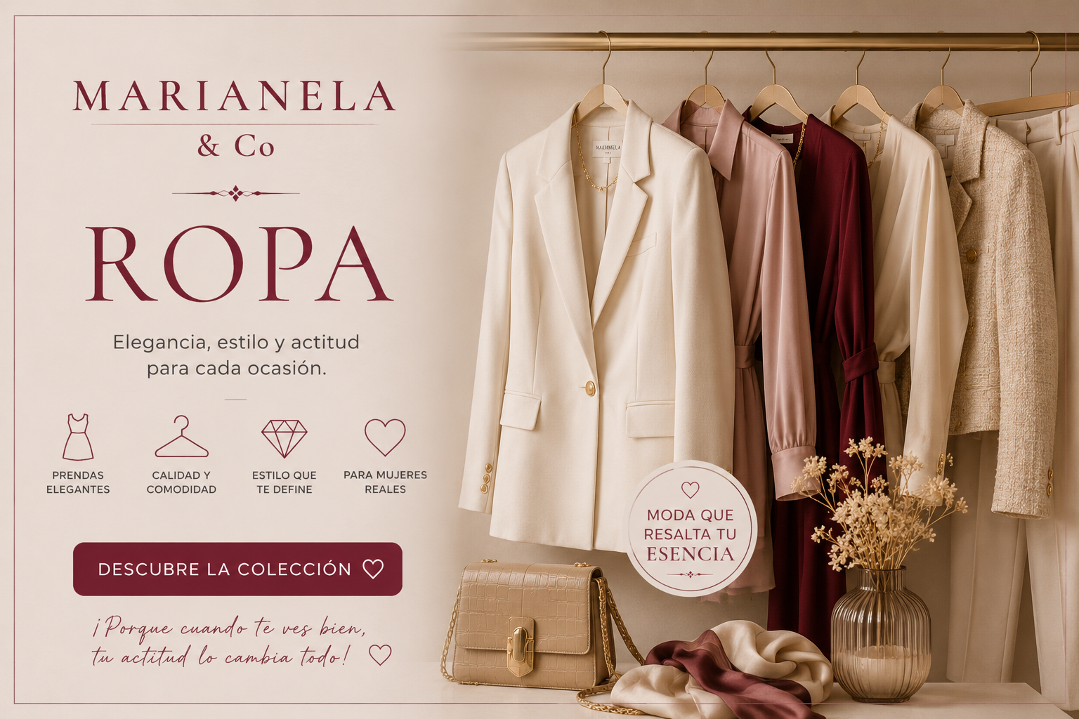 Anuncio de una boutique de moda con ropa y bolsos en tonos beige y burdeos, y texto en español sobre una nueva colección.