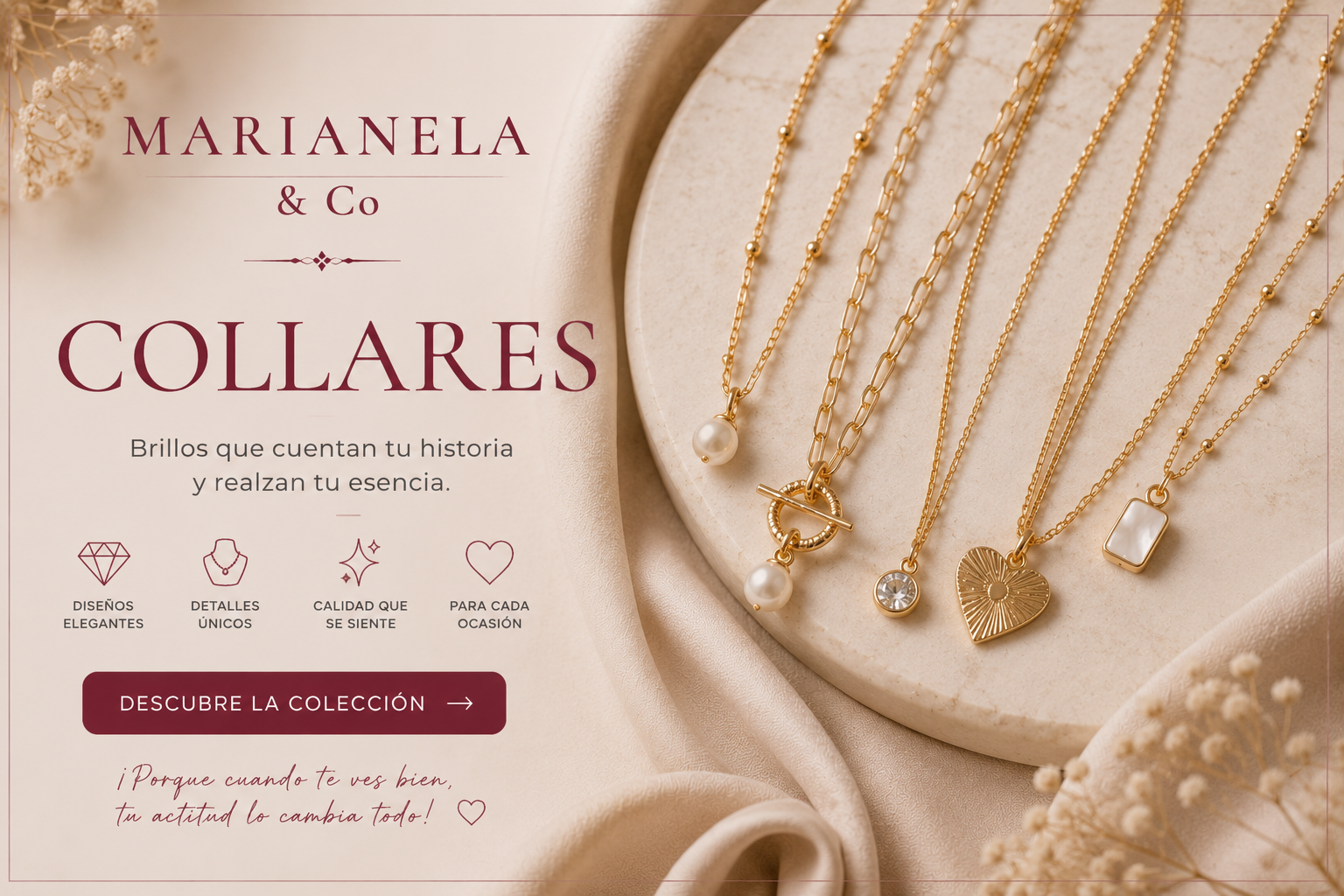 Collares de oro en un expositor beige con el texto promocional “Marianela & Co” y “Collares”.