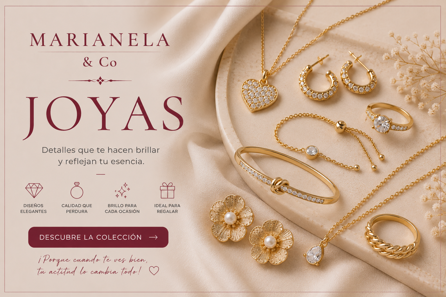 Anuncio de joyería de oro con anillos, pendientes, collares y una pulsera sobre un fondo beige