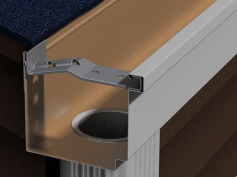 A close up of a gutter with a hole in it A close up of a gutter with a hole in it