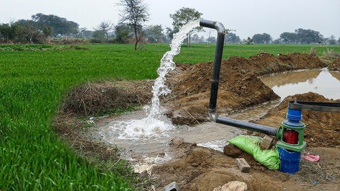 Water gushes from a black pipe into an irrigation ditch on a green field.