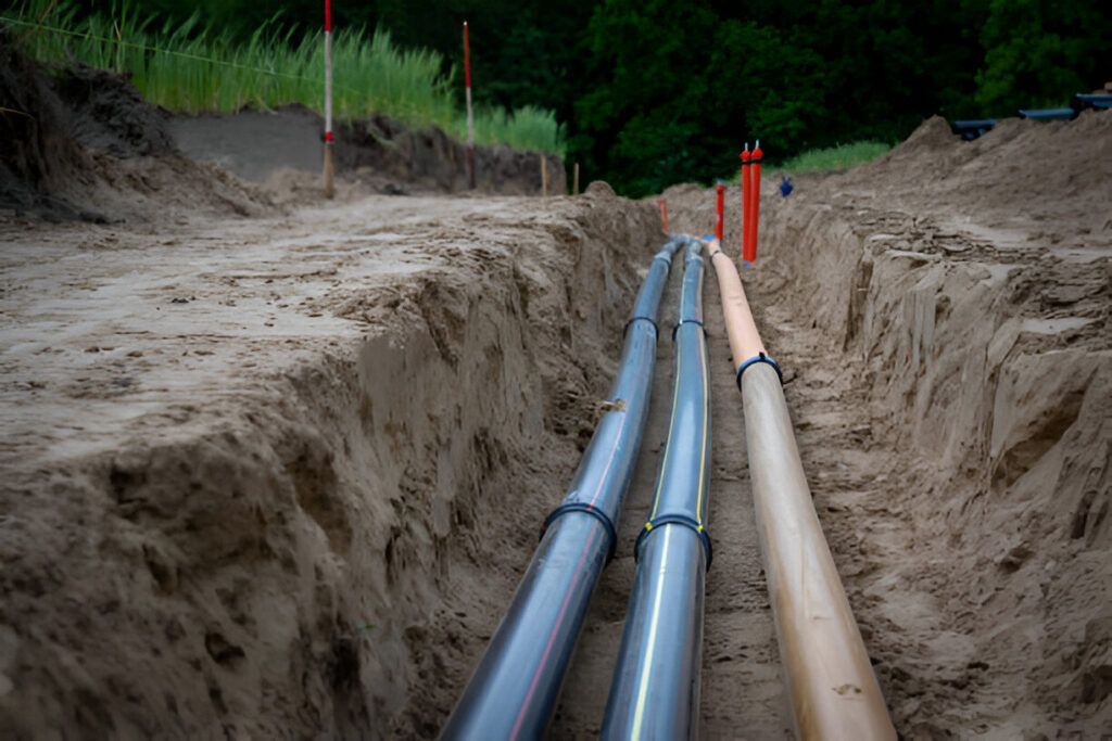 Trench with gray and tan pipes laid in the sand, orange and red markers.
