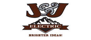 Logo for J&J Electric featuring dark brown stylized lettering, a mountain graphic, and the tagline "BRIGHTER IDEAS!"