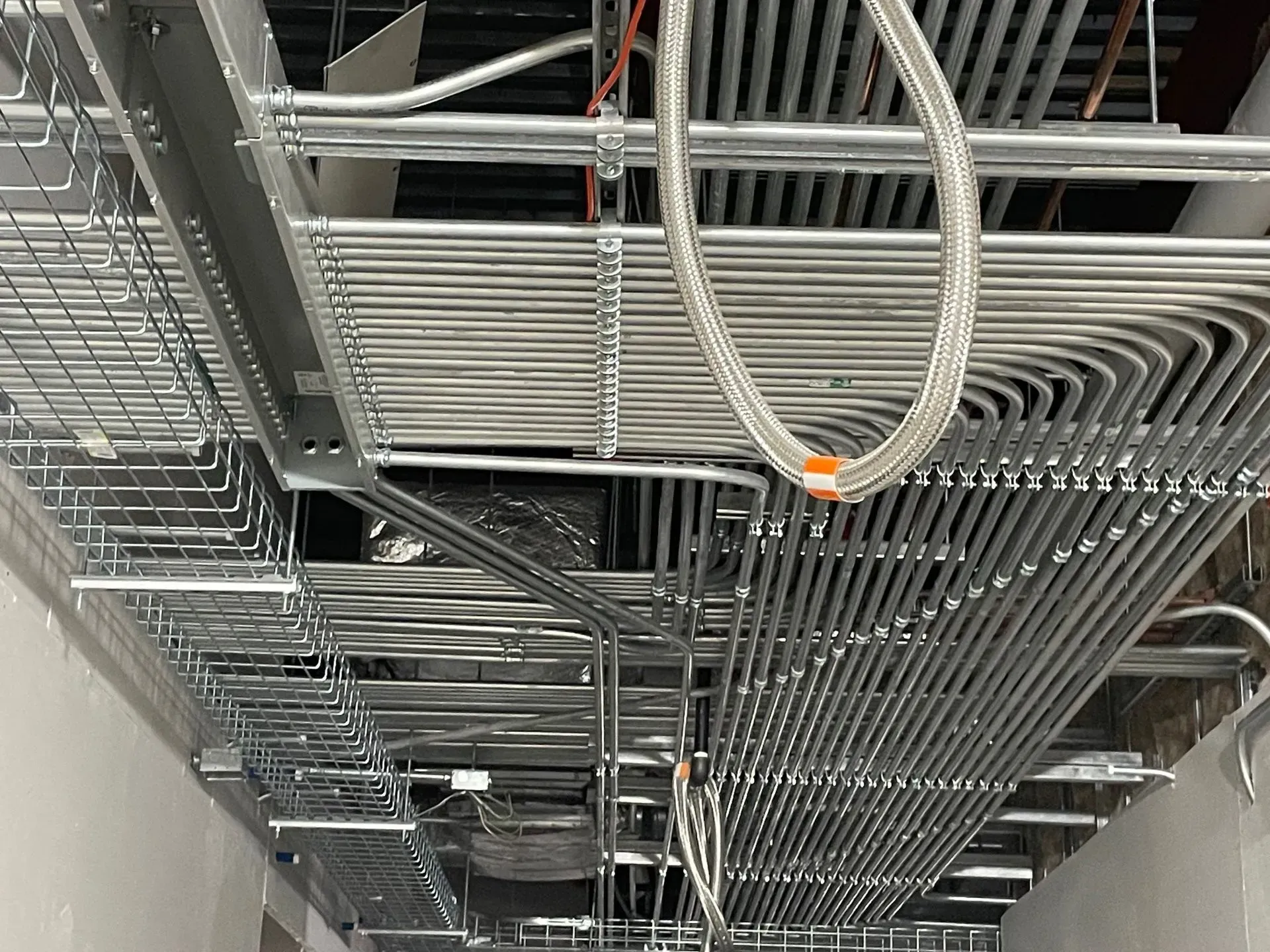 Low-angle view of exposed ceiling infrastructure featuring a dense network of electrical conduits and metal wire tray.