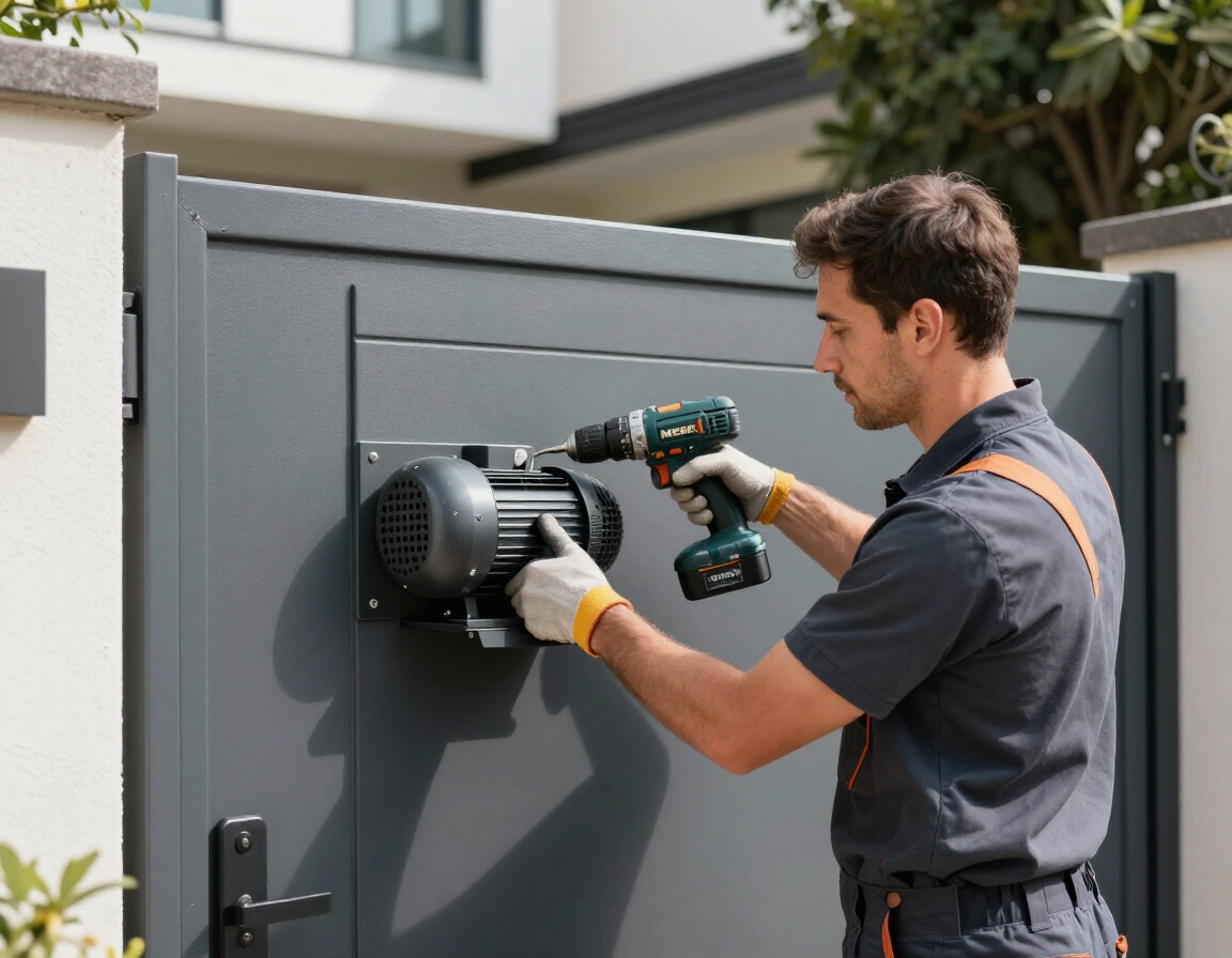 Técnico certificado instalando un sistema MERIK en un acceso residencial