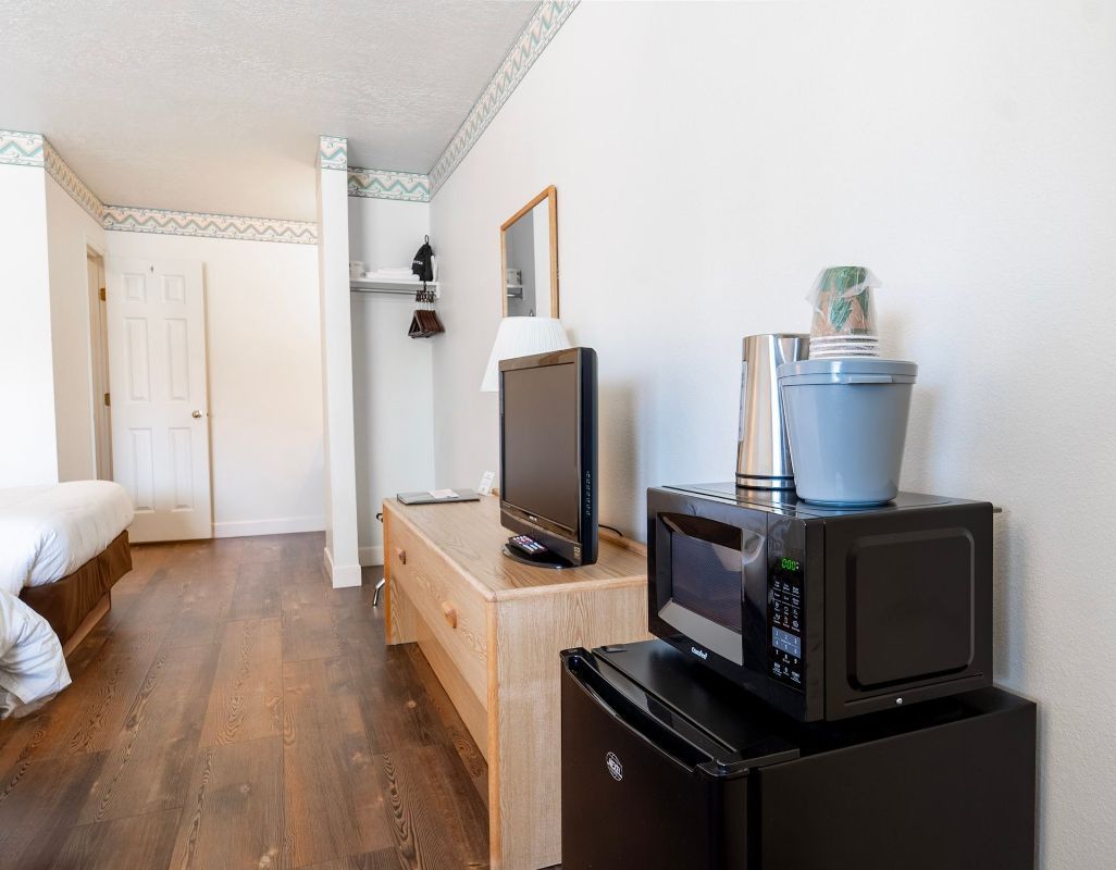 A hotel room with a microwave , refrigerator and television.