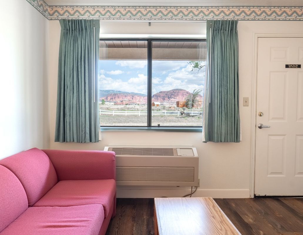 window view of red rocks