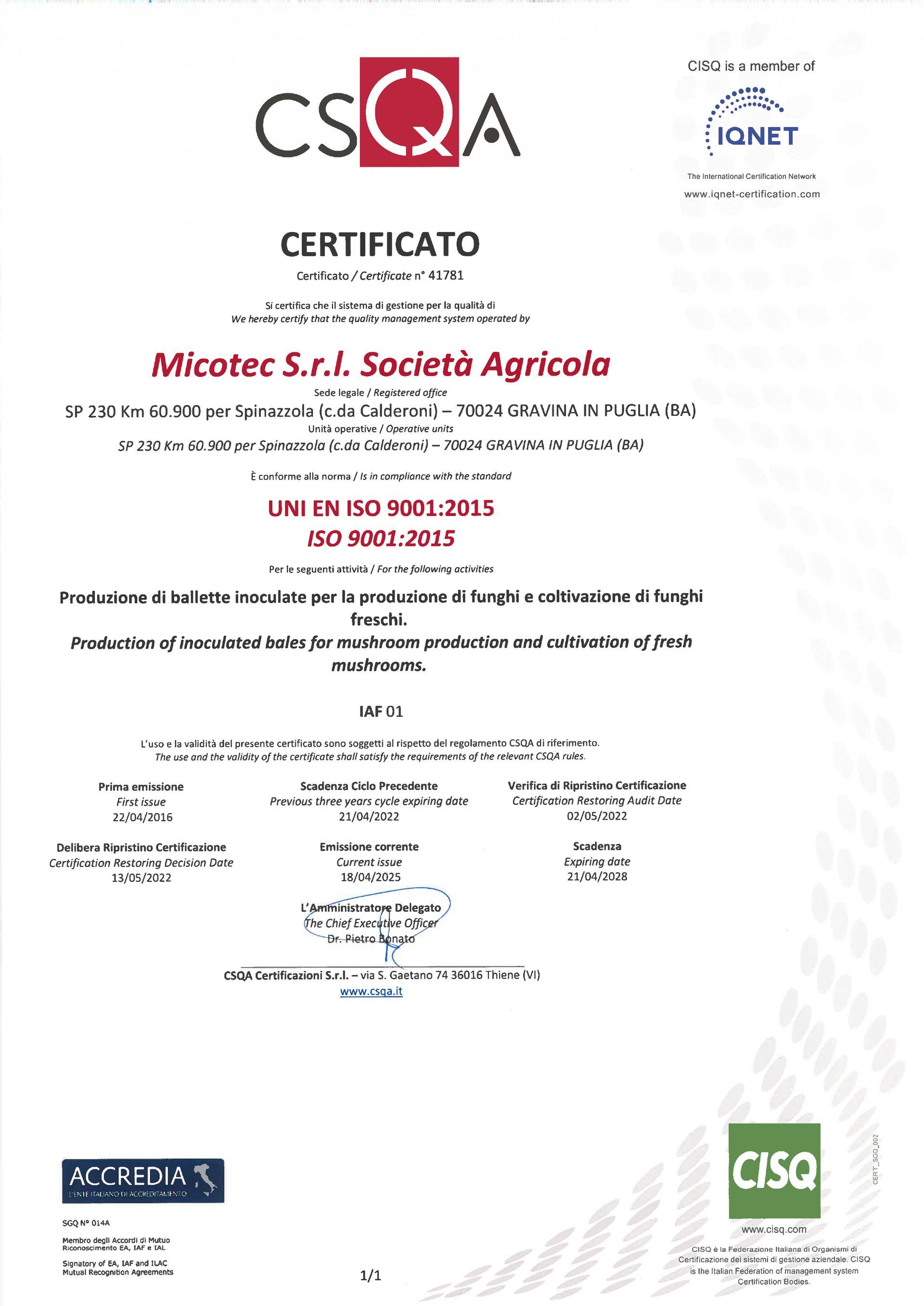 Certificato CSQA per Micotec Srl Società Agricola, che riporta la certificazione ISO 9001:2015 per la produzione di funghi freschi.