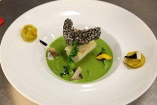 dish with cod, cardoncello mushroom and broccoli cream