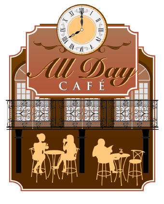 A sign for all day cafe with people sitting at tables