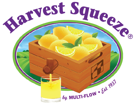 A logo for harvest squeeze shows a wooden box full of lemons