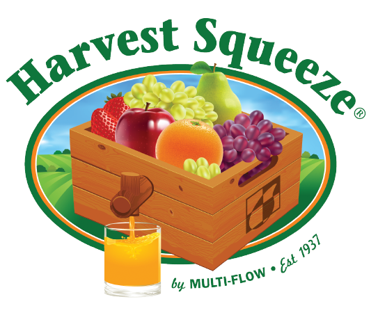 A logo for harvest squeeze shows a wooden box filled with fruit
