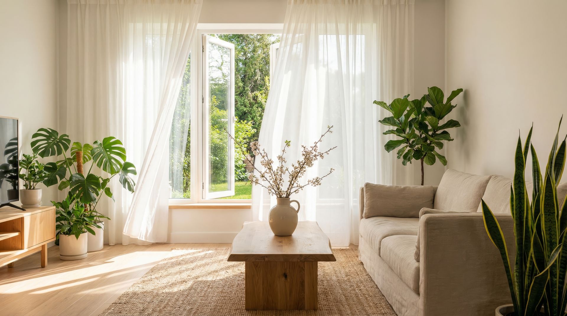 Bright, sunlit living room with white curtains, houseplants, beige sofa, and a wooden coffee table.