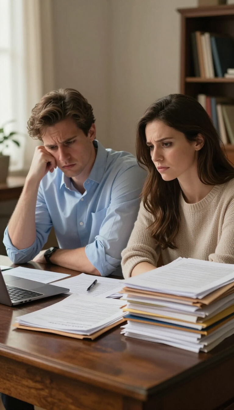 Two people reviewing papers at a wooden table, looking serious, with a laptop and stacks of documents.