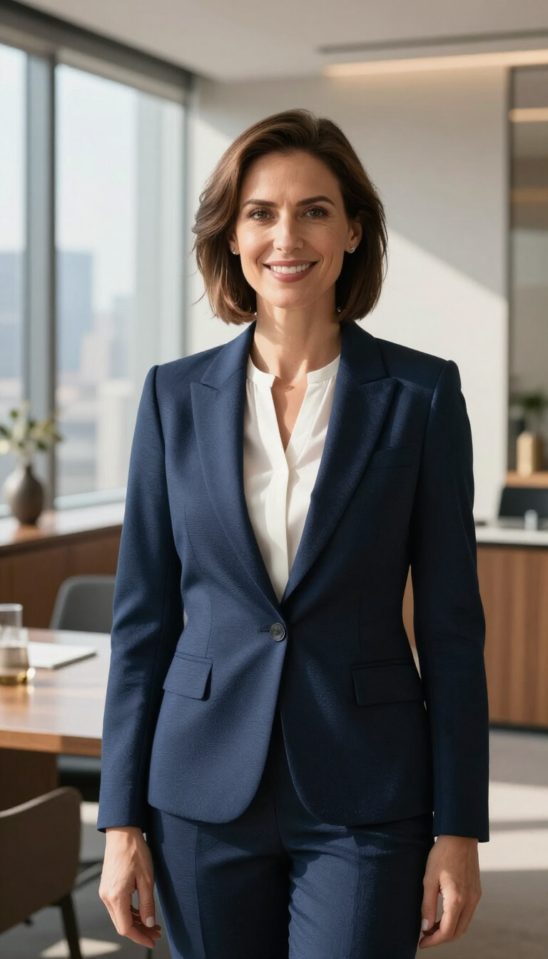 Warm smiling professional woman advisor in a bright upscale office