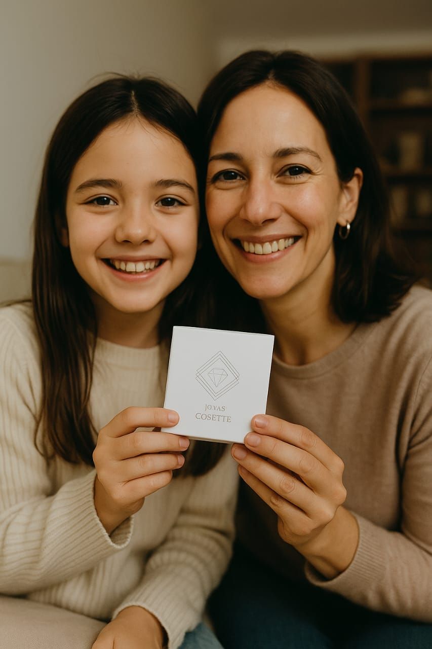 Mujer y niño sonrientes sosteniendo una obra de arte, primer plano. Están en un interior con un fondo claro.
