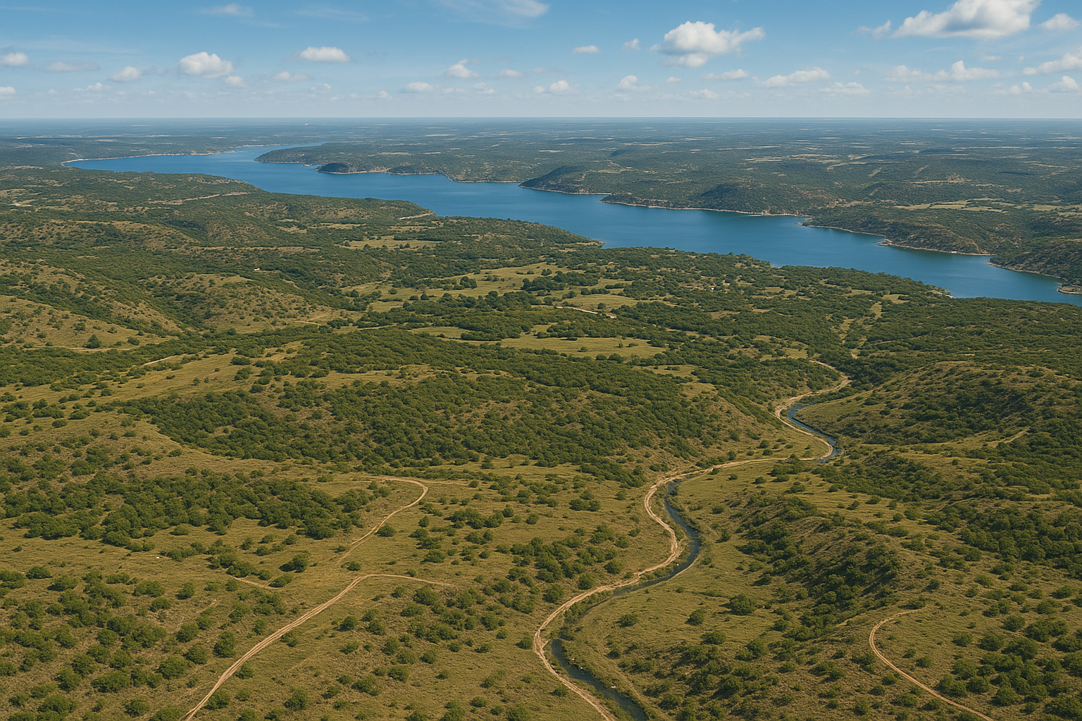 An aerial view of a river surrounded by fields and houses.