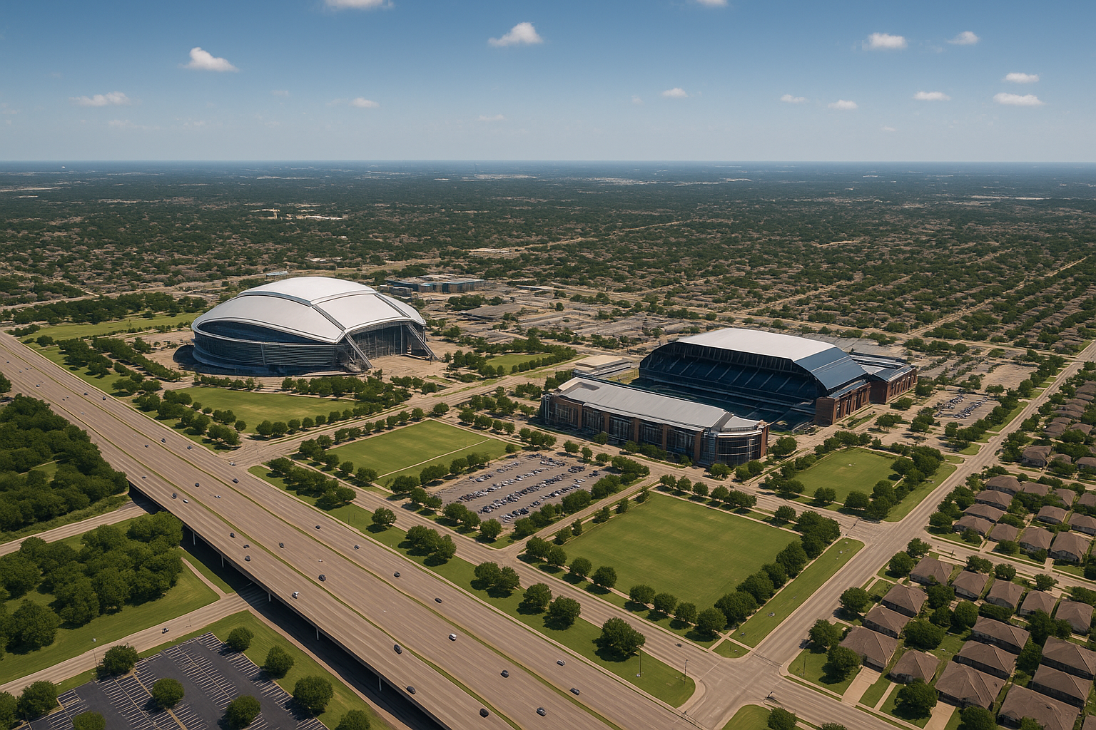An aerial view of a large stadium in a city surrounded by trees and houses.