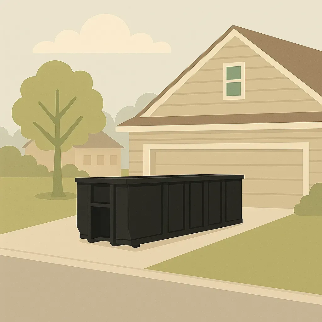 A green dumpster is parked in front of a house.