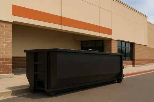 A dumpster is parked in front of a best buy store.