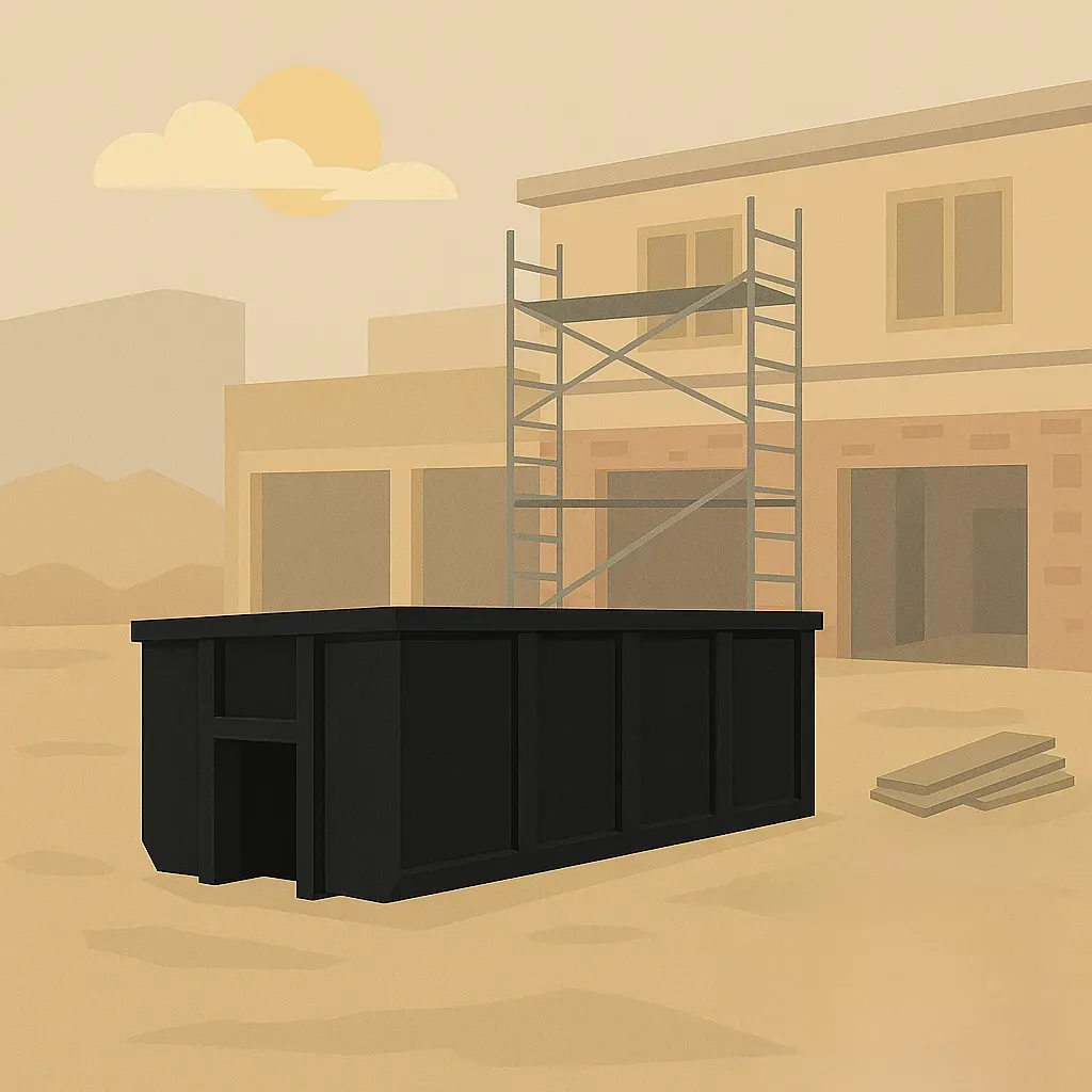 A green dumpster is sitting in front of a house under construction.
