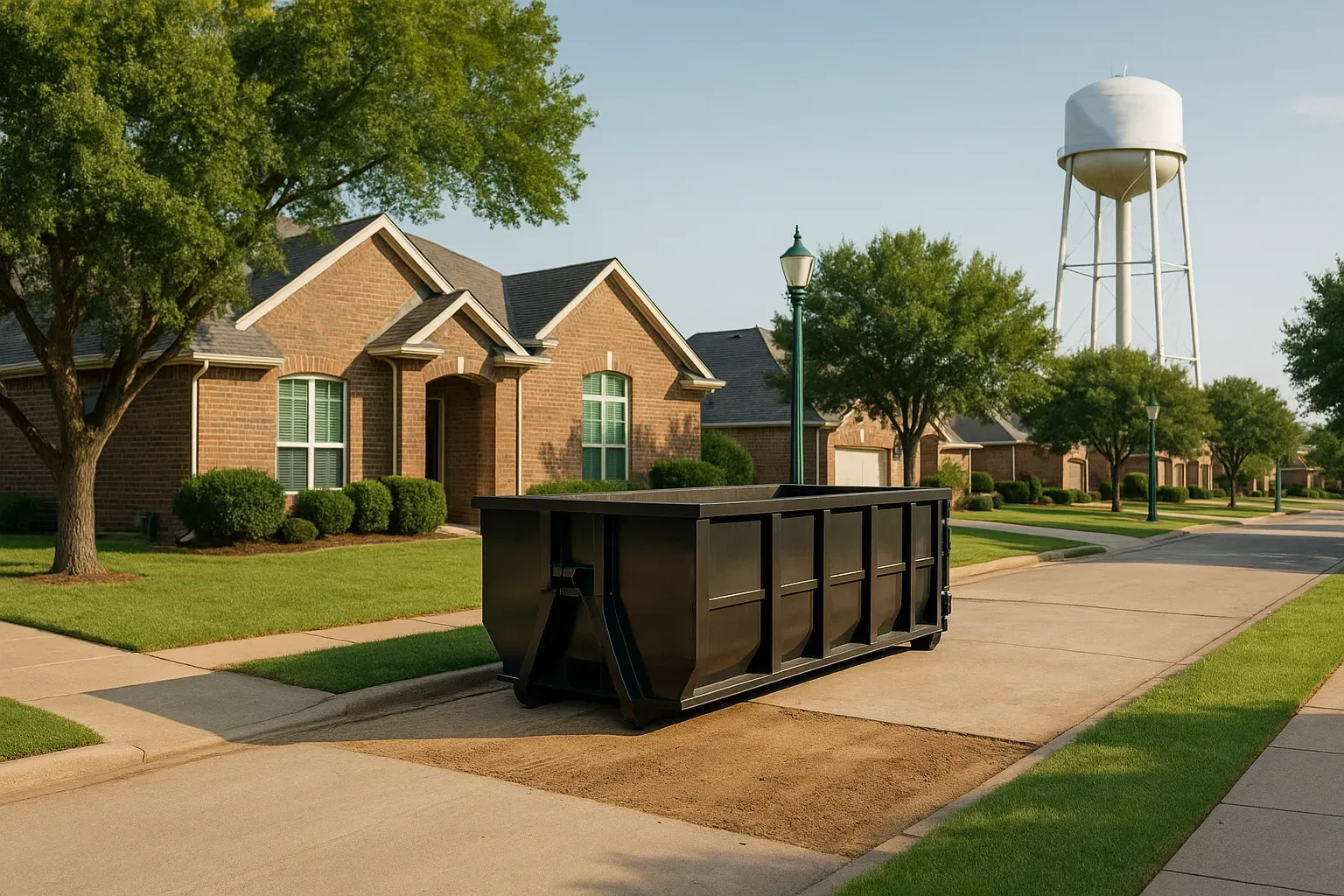 A dumpster is parked in the snow in front of a house.