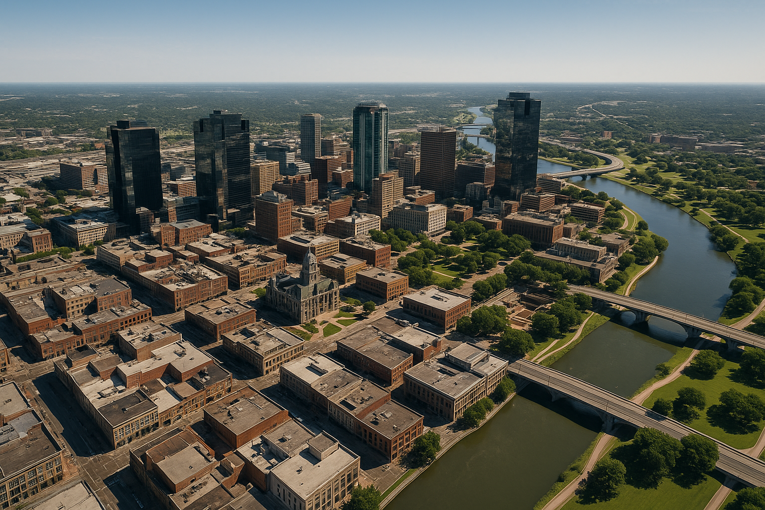 An aerial view of a city with a river running through it