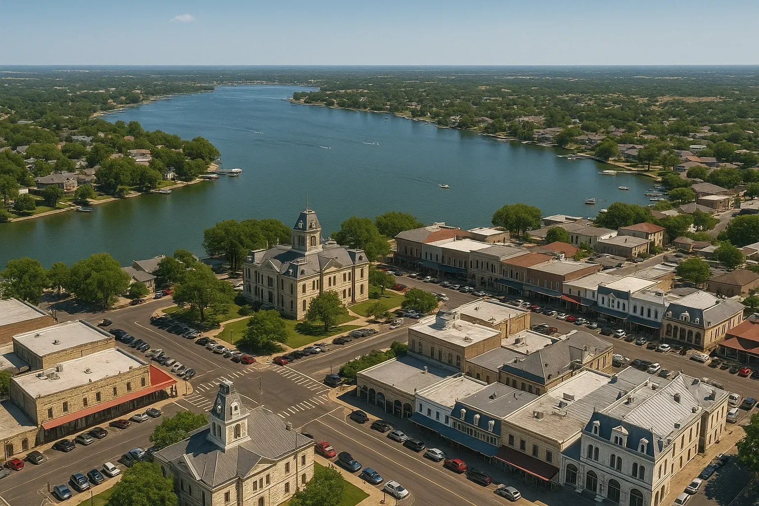 An aerial view of a small town with a lake in the background.