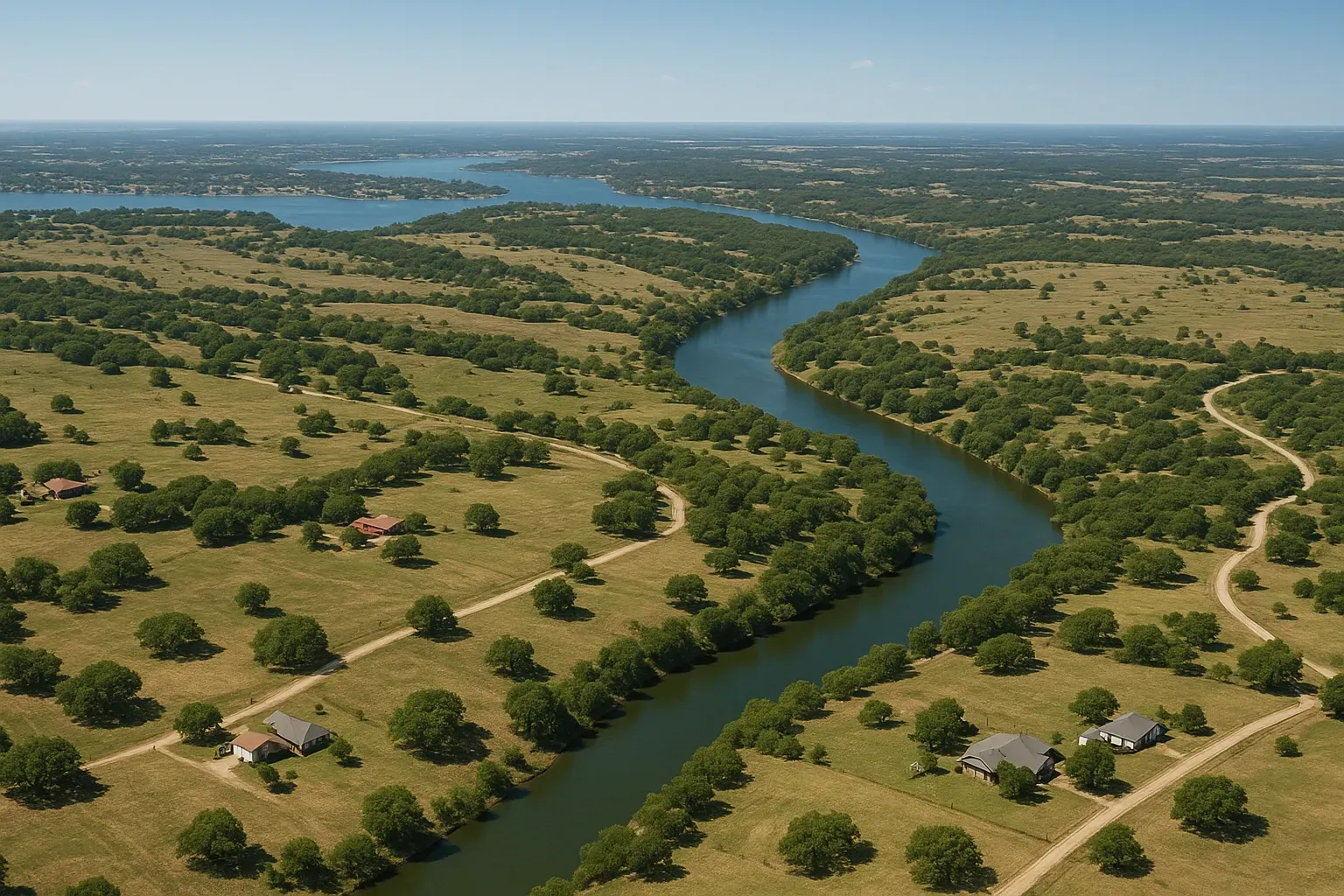 An aerial view of a residential area surrounded by trees and a lake.